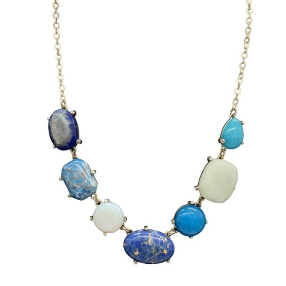 Loft by Ann Taylor Blue Beaded Stone Glass Chain Necklace Gold Tone 17-20 Inches - Picture 1 of 7